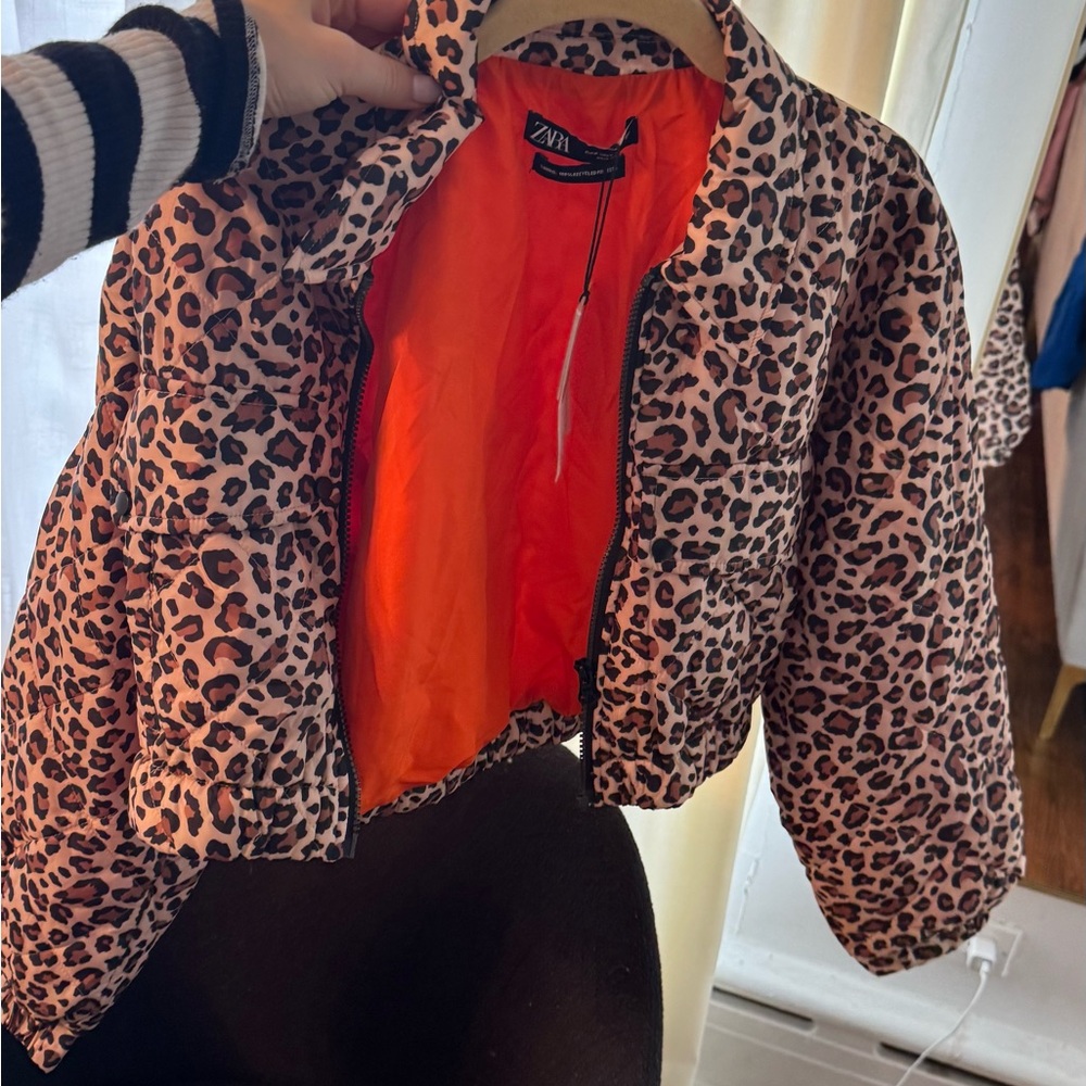 Zara Animal Print Jacket with Bright Orange Interior